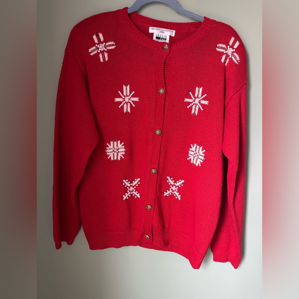 VTG Leslie Fay Sportswear The Christmas Sweater 1994 L Beaded Red Cardigan Ugly